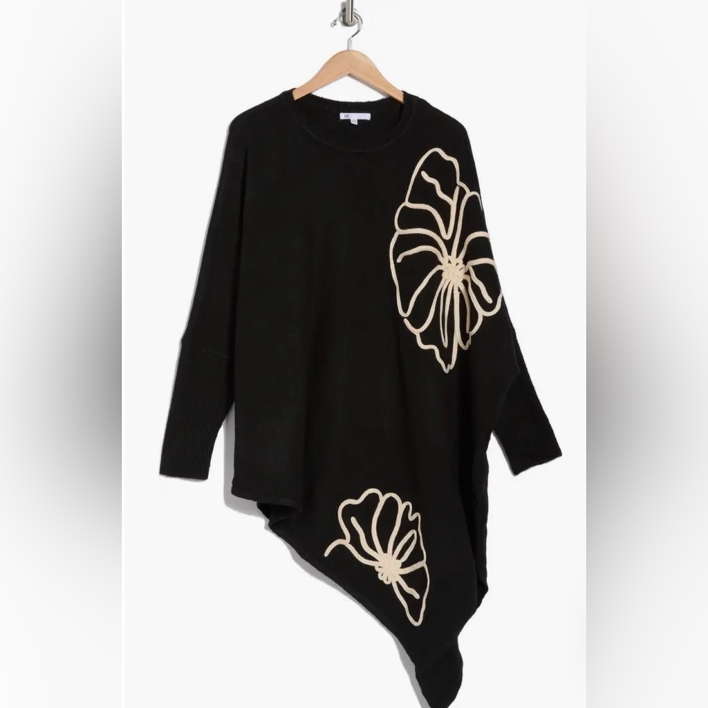 DR2 Daniel Rainn Abstract Floral Asymmetric Hem Sweater Black Ivory Plus 16W-28W